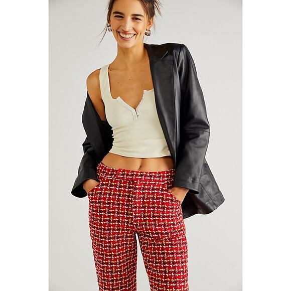 New Free People Anna Sui Neo Plaid Houndstooth Mid-Rise Pants $504 SIZE 2 Red - Picture 2 of 3